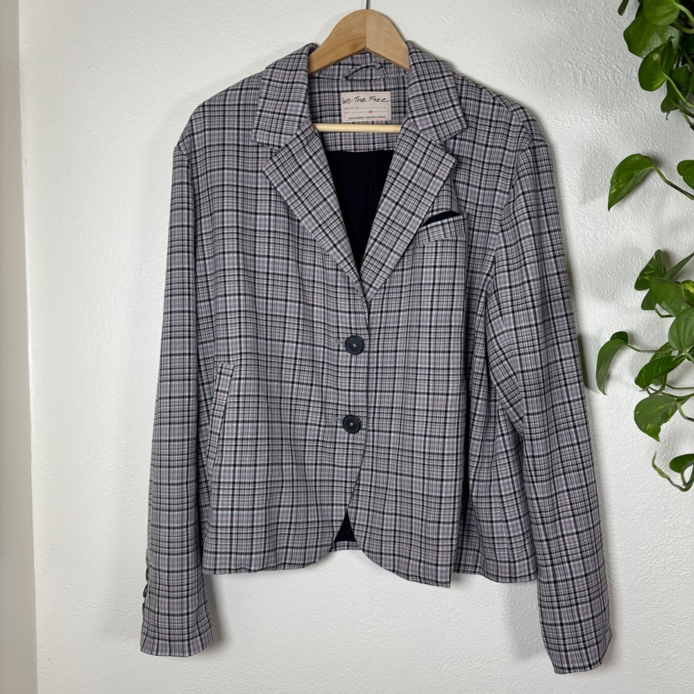 We The Free Free People Plaid Blazer Grey Black Oversized Jacket Medium